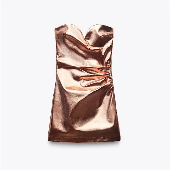 Zara NWT rose gold metallic sweetheart ruched faux leather patent mini dress - Picture 3 of 12